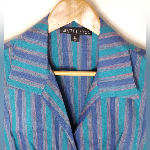 Lafayette 148 Blue Turquoise Stripe Sleeveless Tie Waist Buttonfront Top 12 NWT - Picture 4 of 14